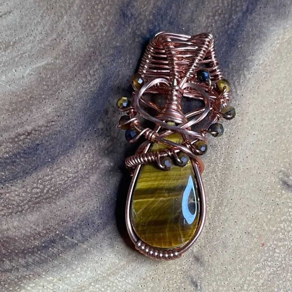 Wire wrapped tiger eye pendant handmade artisan faceted tigereye copper